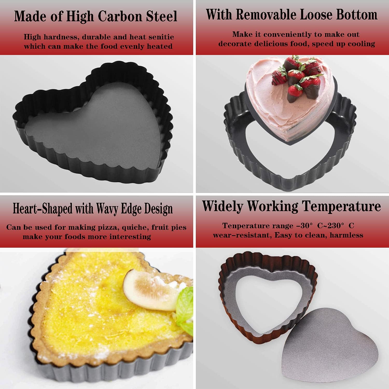 6PCS 4 Inch Heart Tart Pans with Removable Bottom, Nonstick Quiche
