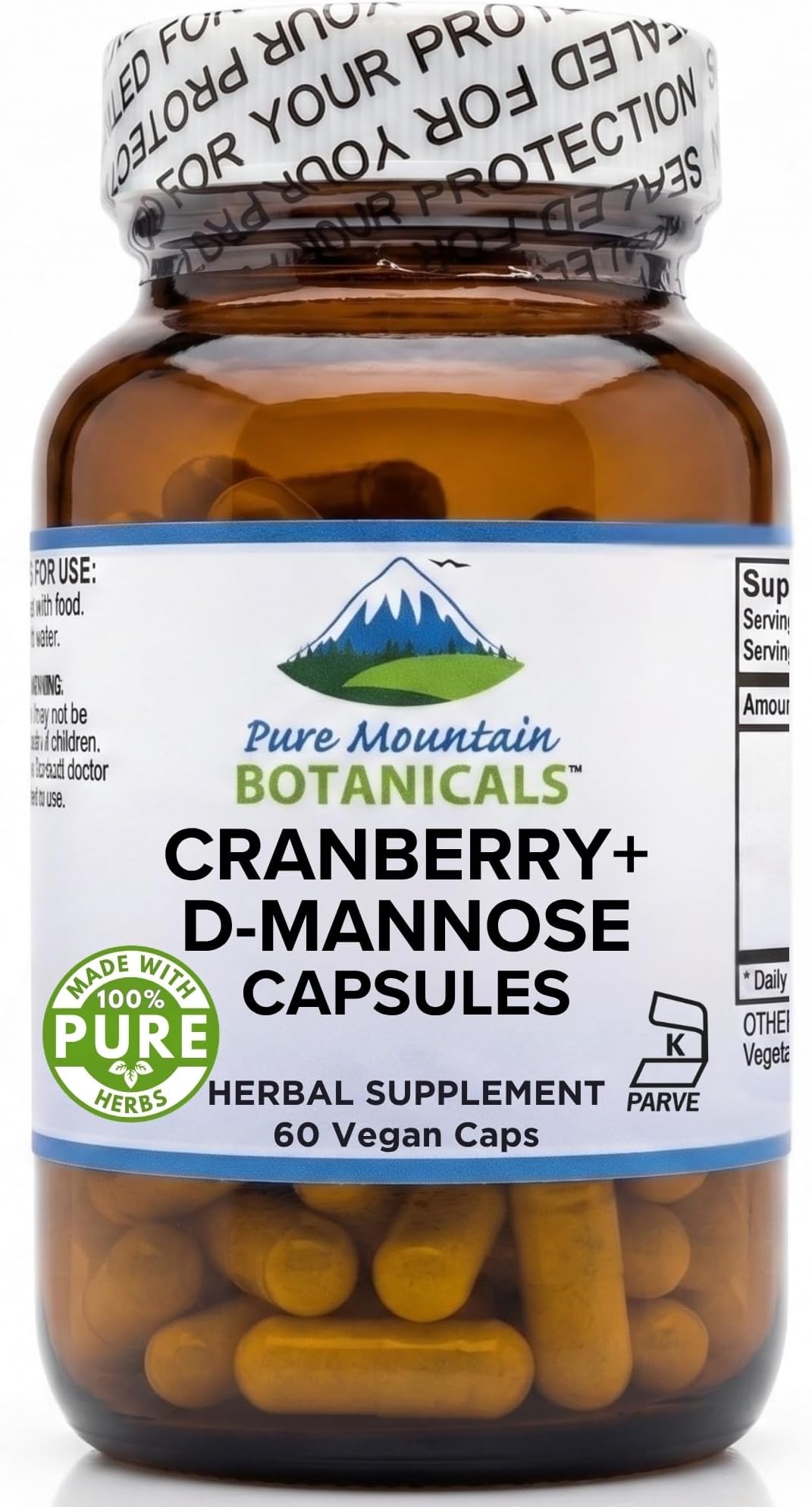 Pure Mountain Botanicals D Mannose with Cranberry Capsules - 60 Count Vegan Kosher - 1000mg D-Mannose for Urinary Tract Health - DMannose 1000mg with Vitamin C for Women and Men