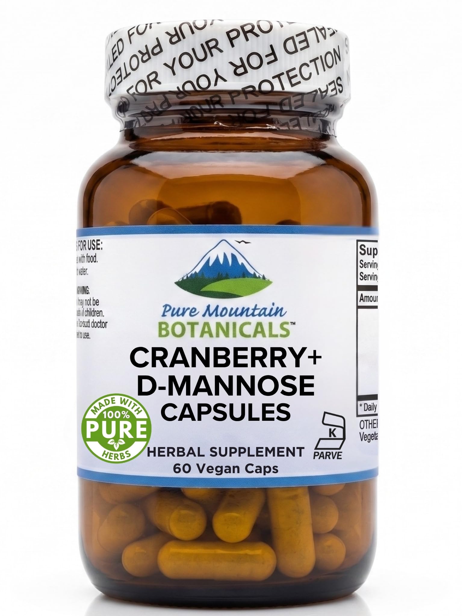 Pure Mountain Botanicals D Mannose with Cranberry Capsules - 60 Count Vegan Kosher - 1000mg D-Mannose for Urinary Tract Health - DMannose 1000mg with Vitamin C for Women and Men