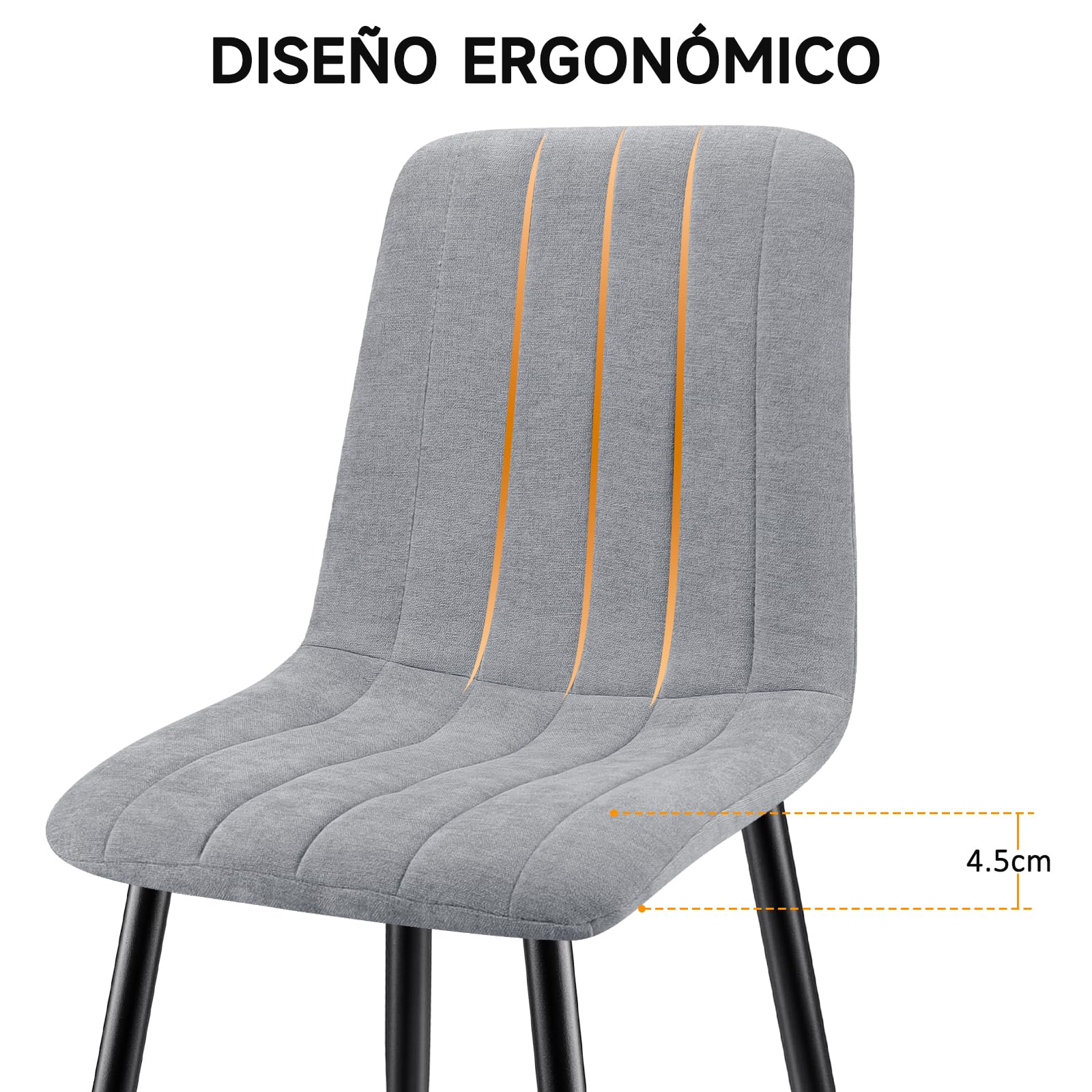 Juego De 6 Sillas De Comedor, Sillas Cocina con Tela De Lino Y Patas De Metal Negro,Silla De Dormitorio,Silla Acolchada,Silla De SalóN,Sillas Comedor Modernas-Gray