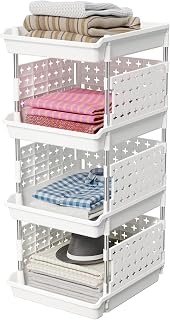 Lifewit Plastic Stackable Storage Baskets, 4 Tier Stacking Bins for Closet Wardrobe, Playroom, Kitchen and Pantry Organization, Large Capacity Multi-Functional Stackable Storage Containers Shelves for Vegetable Fruit Food Clothes, 13.8 x 11.8 x 28.3 inch