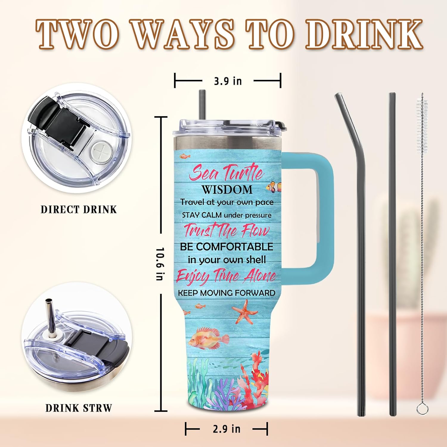 DUUV Turtles Gifts for Women, Sea Turtle Tumbler, Christmas Thanksgiving Birthday Gifts for Sea Turtle Lover, Cute Animal Lover Gift for Women, 40 Oz Tumbler with Handle Lid and Straw, 1PCS - Image 3