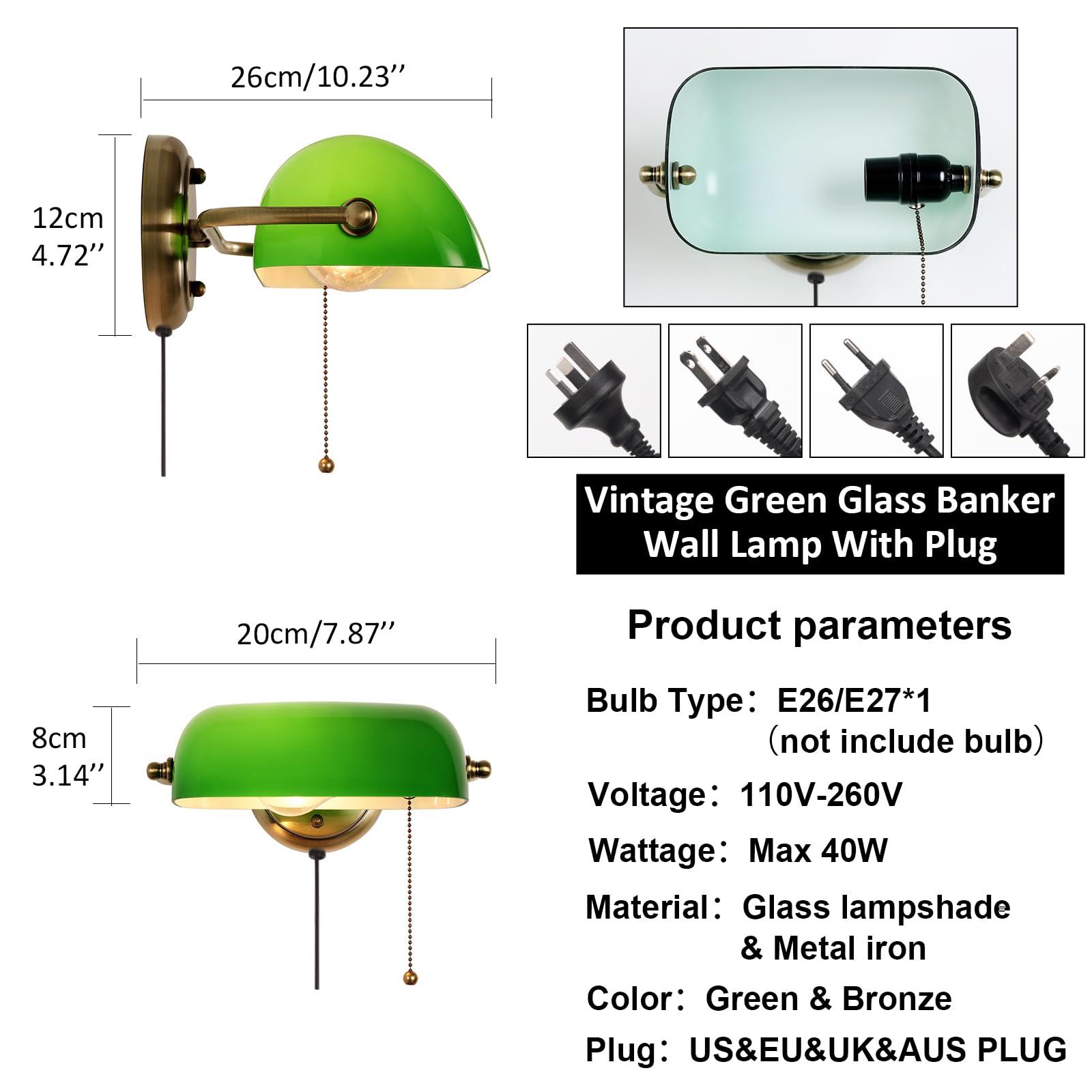 FIRVRE Grün Glas Bankers Wandleuchten Traditionelle Europäische Vintage Klassische Wandlampe mit Verstellbarem Lampenschirm und Plug in Schalter für Schlafzimmer Flur Bibliothek
