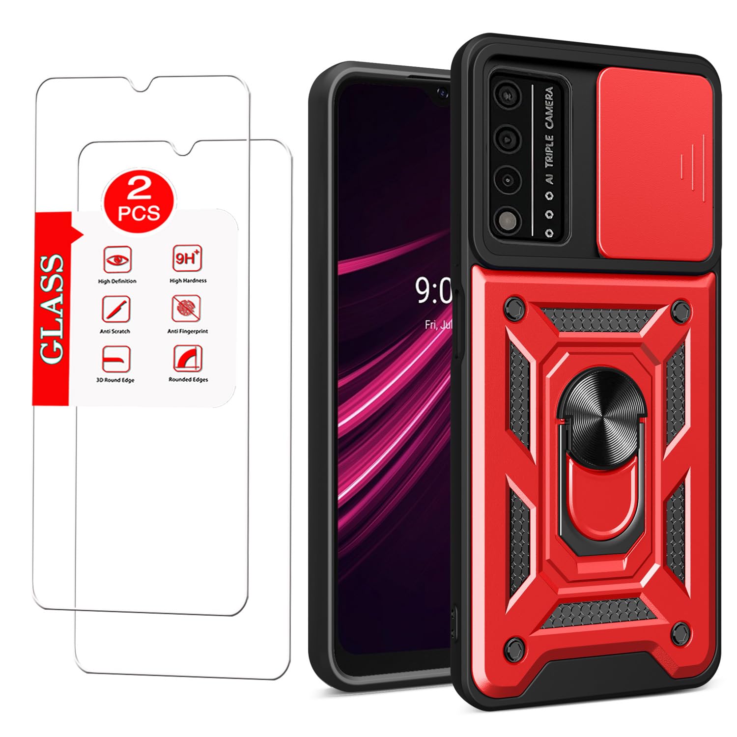 Anvzle for T-Mobile REVVL V Plus 5G Case with [2 Pack] Tempered Glass Screen Protector, for TCL T-Mobile Revvl V+ 5G [Military-Grade] Protective ，Lens