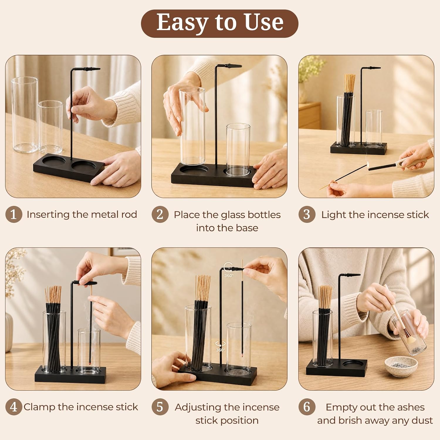 Incense Holder for Sticks, with Glass Ash Catcher, for Yoga Spa Home Decor