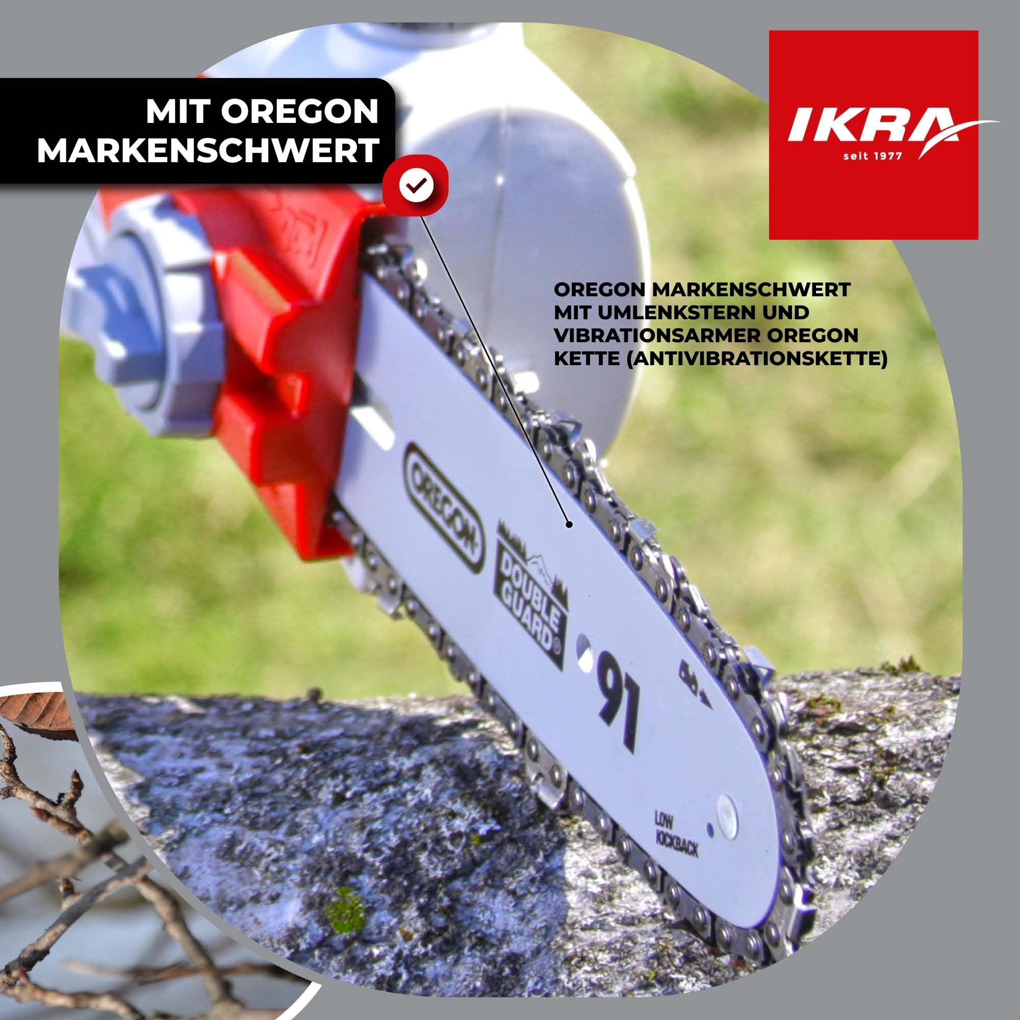 IKRA Elektro Teleskop Astsäge Hochentaster IEAS 750, inkl. Schultergurt | Schnittlänge 185mm, teleskopierbar, Arbeitshöhe bis 4m, OREGON Antivibrationskette, werkzeuglose Kettenspannung & -montage