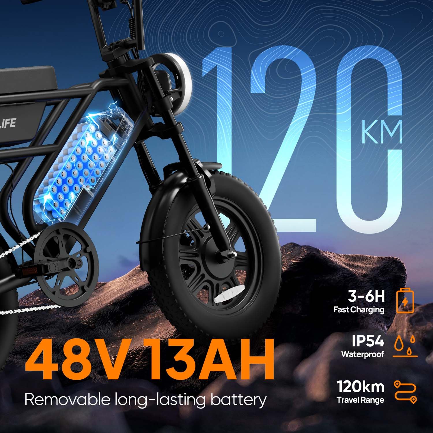 URLIFE E Bike 16" x 3.0, 48V 13Ah Herausnehmbarer Akku Elektrofahrrad, 250W Bürstenloser Motor, 100km Reichweite, E-Bike mit Doppelfederung, Elektrofahrräder für Jugendliche und Erwachsene