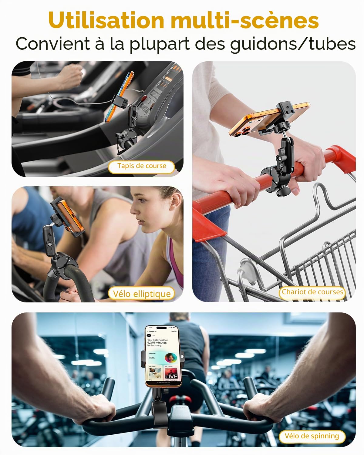 Support Téléphone Poussette - Bras Métallique à 360° & Super Stable | Velo Appartement Home Trainer Tapis de Course Support Guidon pour iPhone 17 Pro Max, 16, 15, Galaxy S26, S25, Pixel, 4-7"