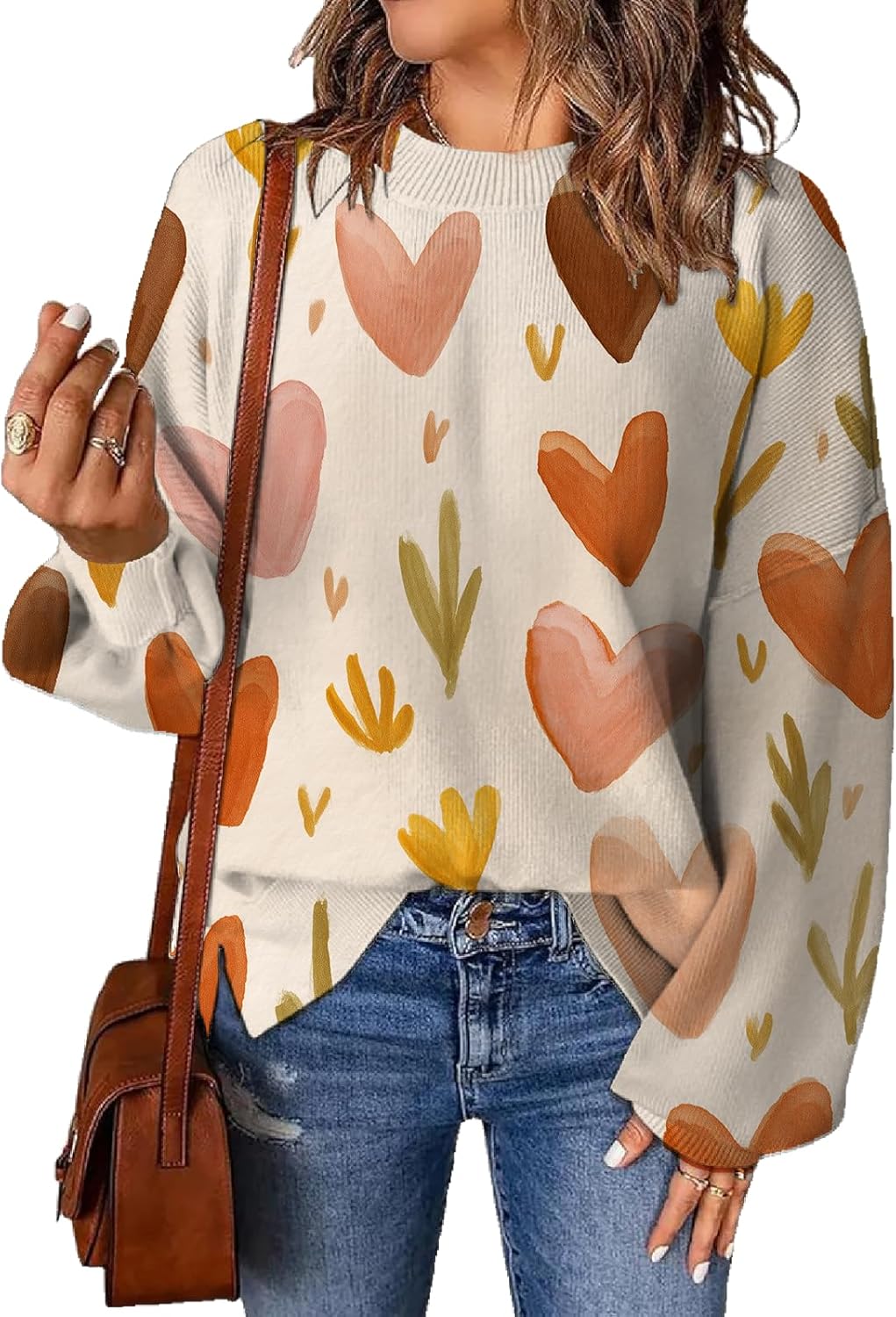 Floral Print Sweaters for Women Cute Long Sleeve Crewneck Casual Jumper Tops Chunky Comfy Knit Fall Winter Pullover