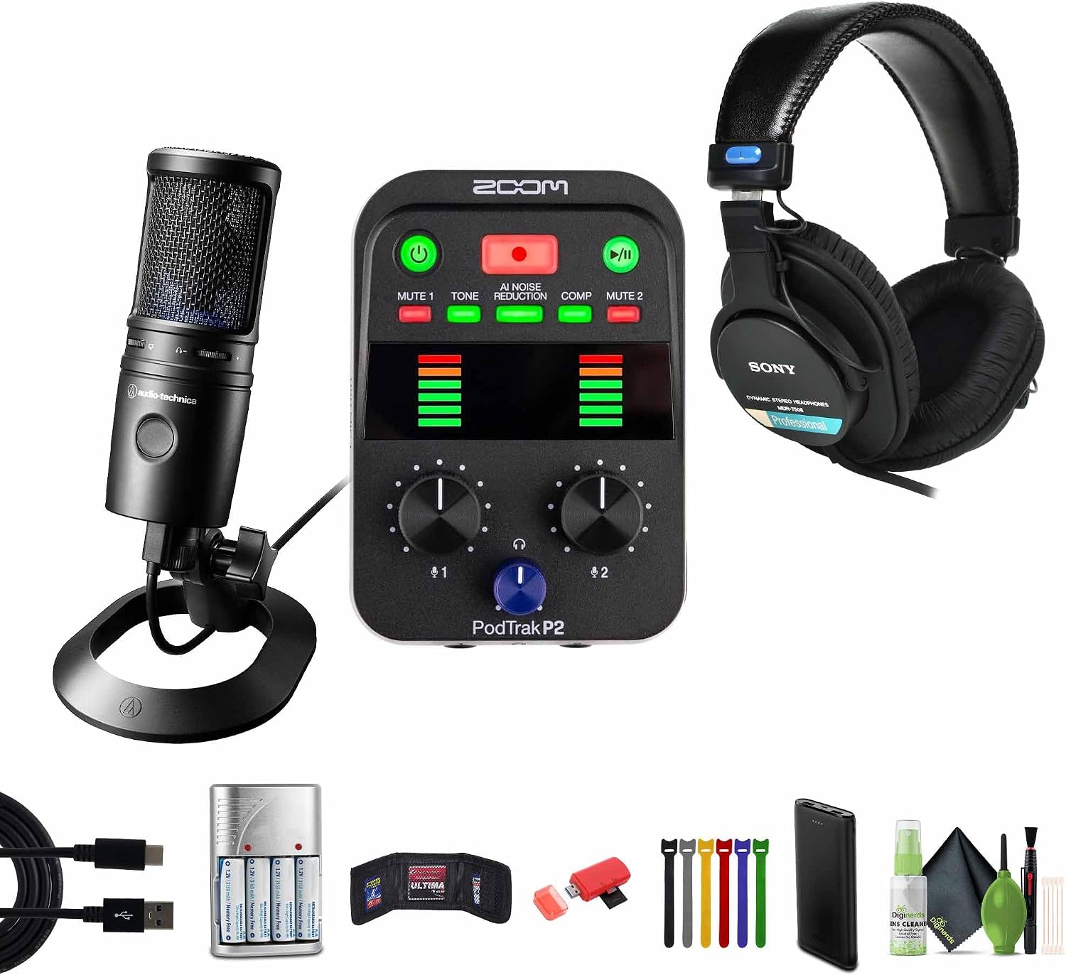 Zoom PodTrak P2 Podcast Recorder + MDR-7506 Headphones Bundle