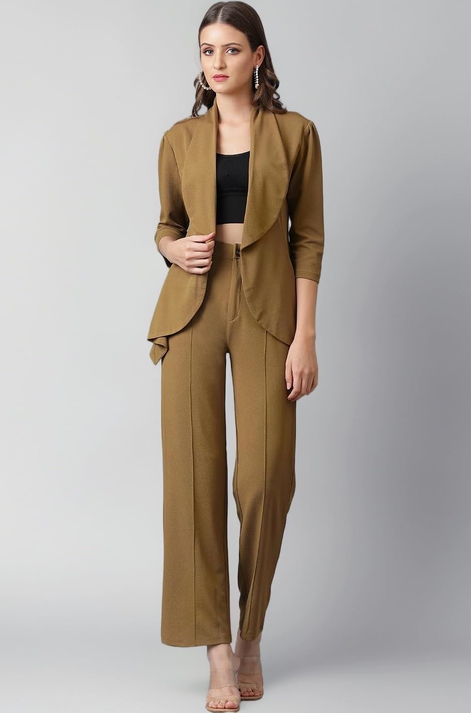 Women's Solid Relaxed Fit 3/4 Sleeve Co-ord Blazer and Trouser Set.