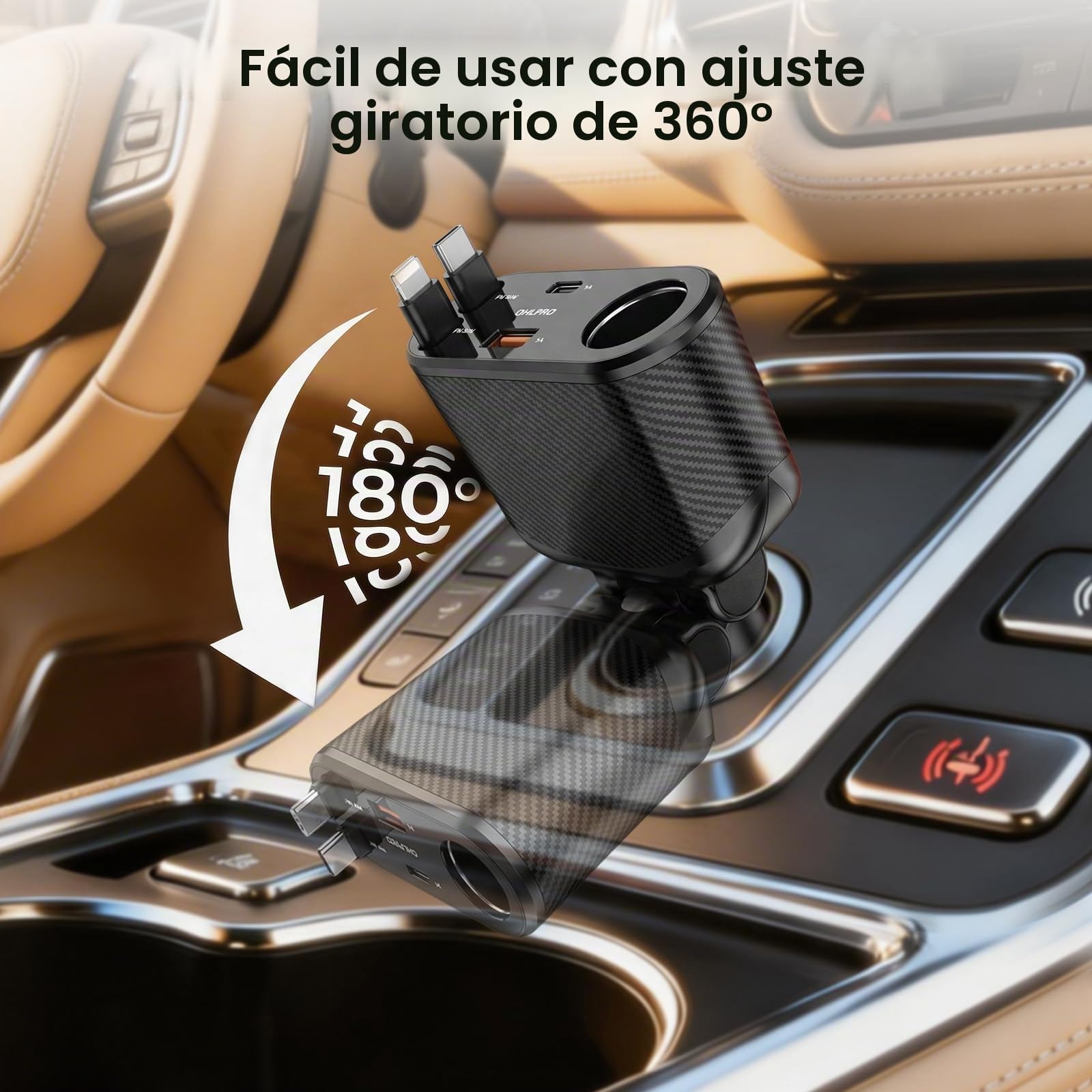 OHLPRO Cargador Coche Carga Rápida 5 en 1 Retráctil, 168W Mechero Coche Accesorios 12V Adaptador USB C con PD/QC Cables Dobles Toma, Compatible con iPhone 16 15 Pro MAX 13 14 Samsung Galaxy S24 S22