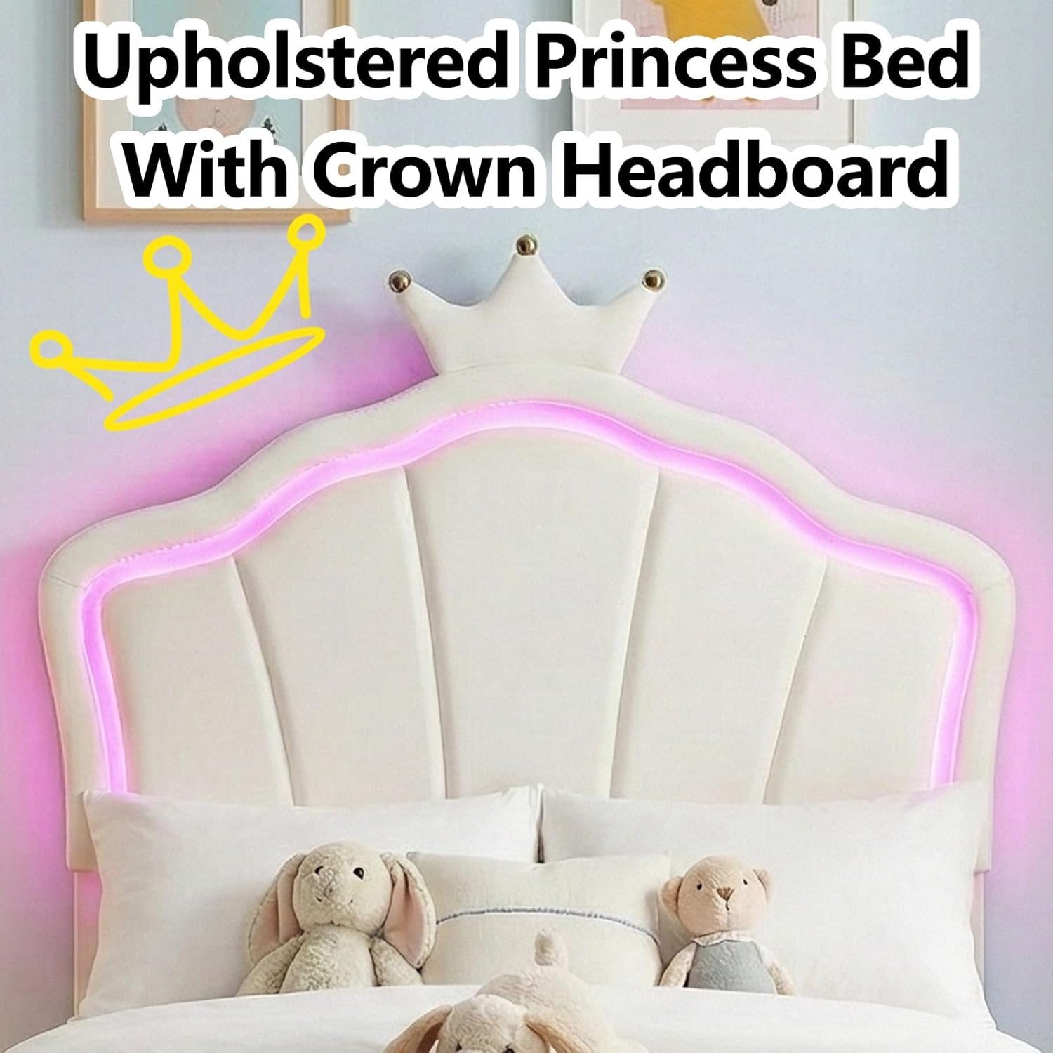 Twin Size Upholstered Platform Bed Frame& Cute Princess Bed Frame for Girls, Kids: Adjustable Crown Headboard and LED Lights, No Box Spring Needed, Wooden Slats Support (Twin+White)