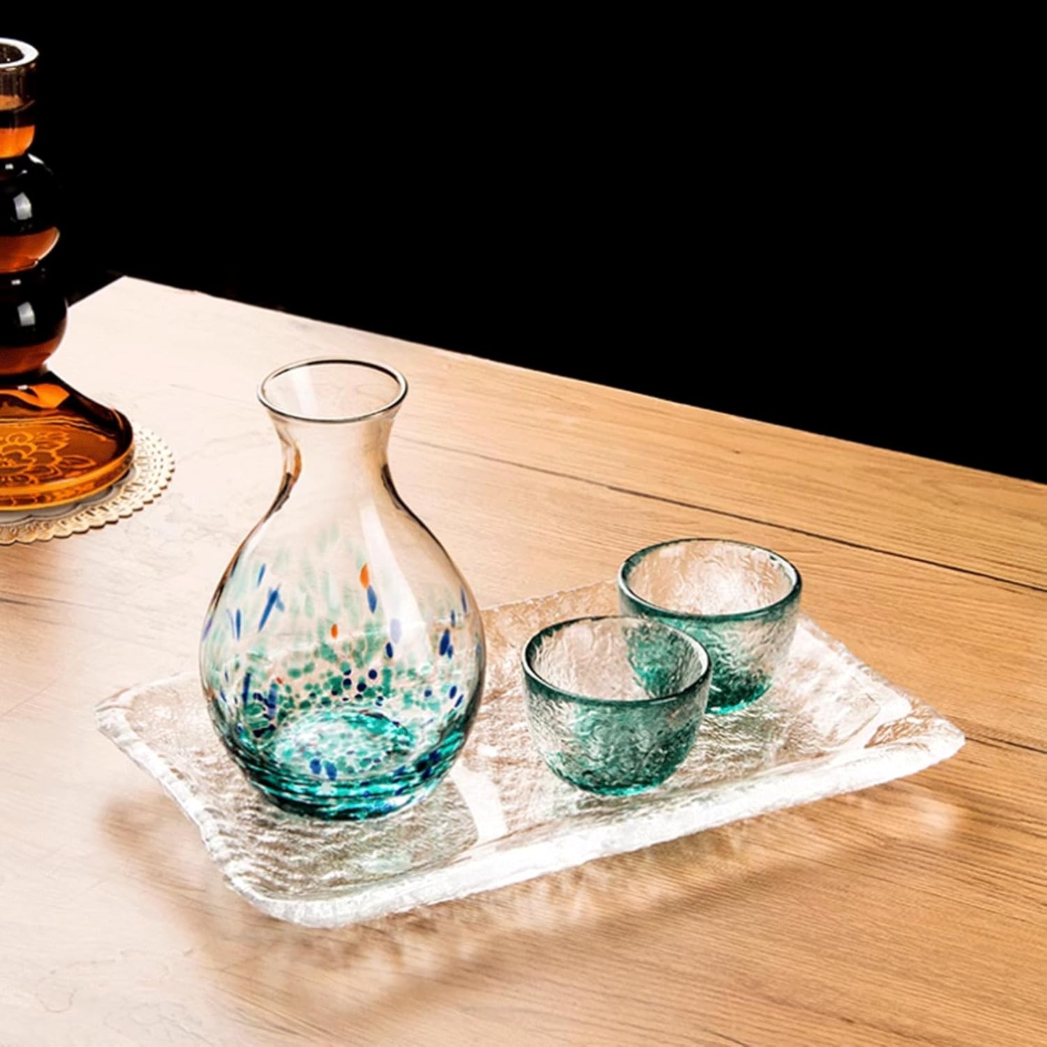 Glass Crafts Japanese Sake Set 3 Pieces Sake Cups Sake Bottle Japanese Sake Set for Anniversaries Decor Sake Drinking Set (C)