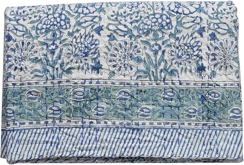 Kantha Bedspreas - Colcha con estampado de bloques indios, tamaño Queen, manta Kantha Bedspreas de algodón puro (90 x 108 pulgadas, floral blanco)