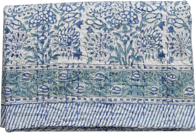 Indian Block Print Quilt Kantha Quilts Queen Size Kantha Throw Quilt Blanket Kantha Bedspreas Pure Cotton Quilt (Twin 90 X 60 Inch, White Floral)
