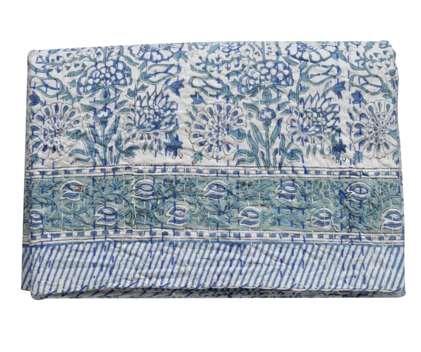 Indian Hand Block Print Kantha Quilt Cotton Throw Blanket Bedspread Queen Size (White, Twin 90 X 60 Inch)