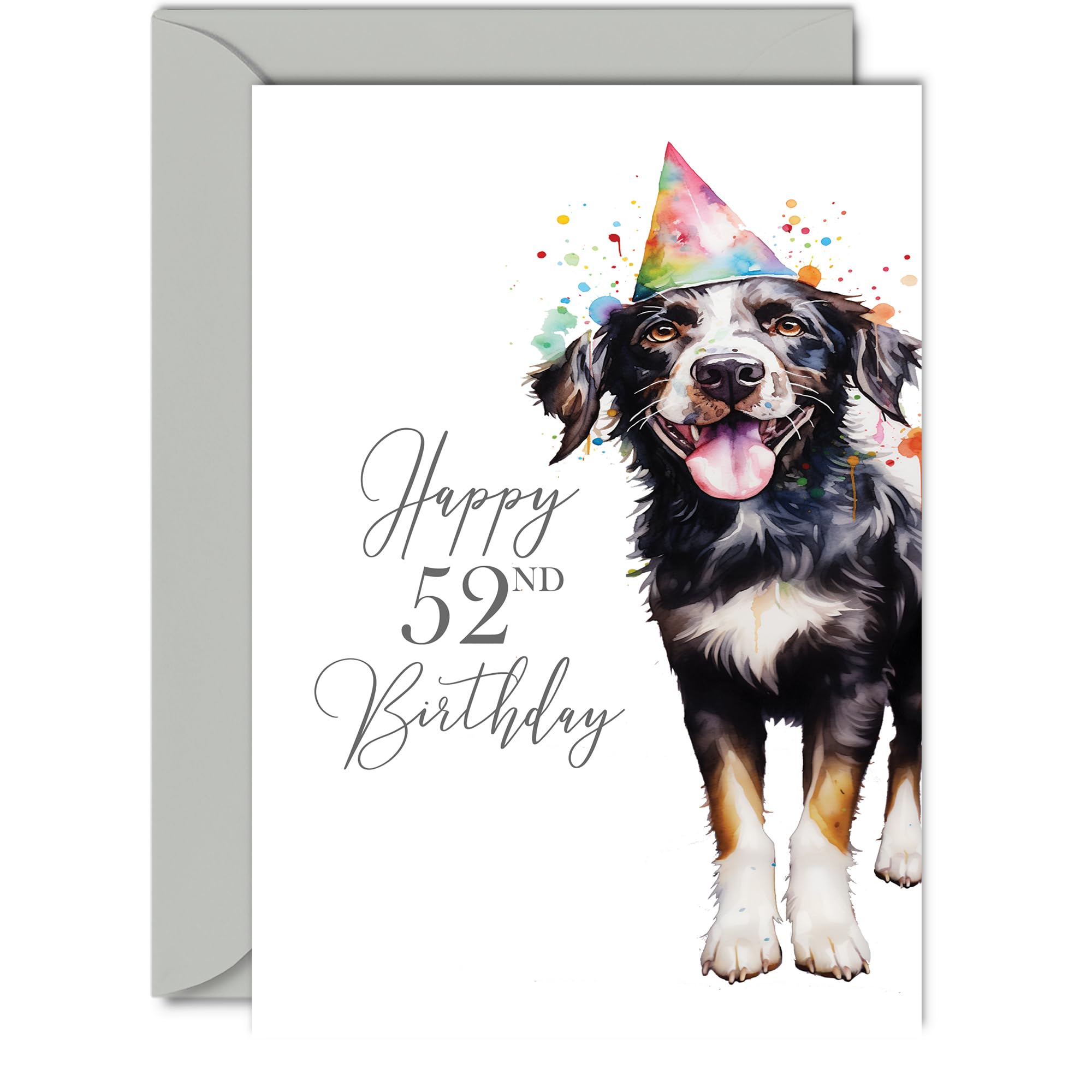 52nd Birthday Cards for Men Women - Party Dog - Happy Birthday Card for 52 Year Old Man Woman Brother Sister Dad Mum Uncle Auntie Cousin, 5x7 Inch Bday Greeting Cards