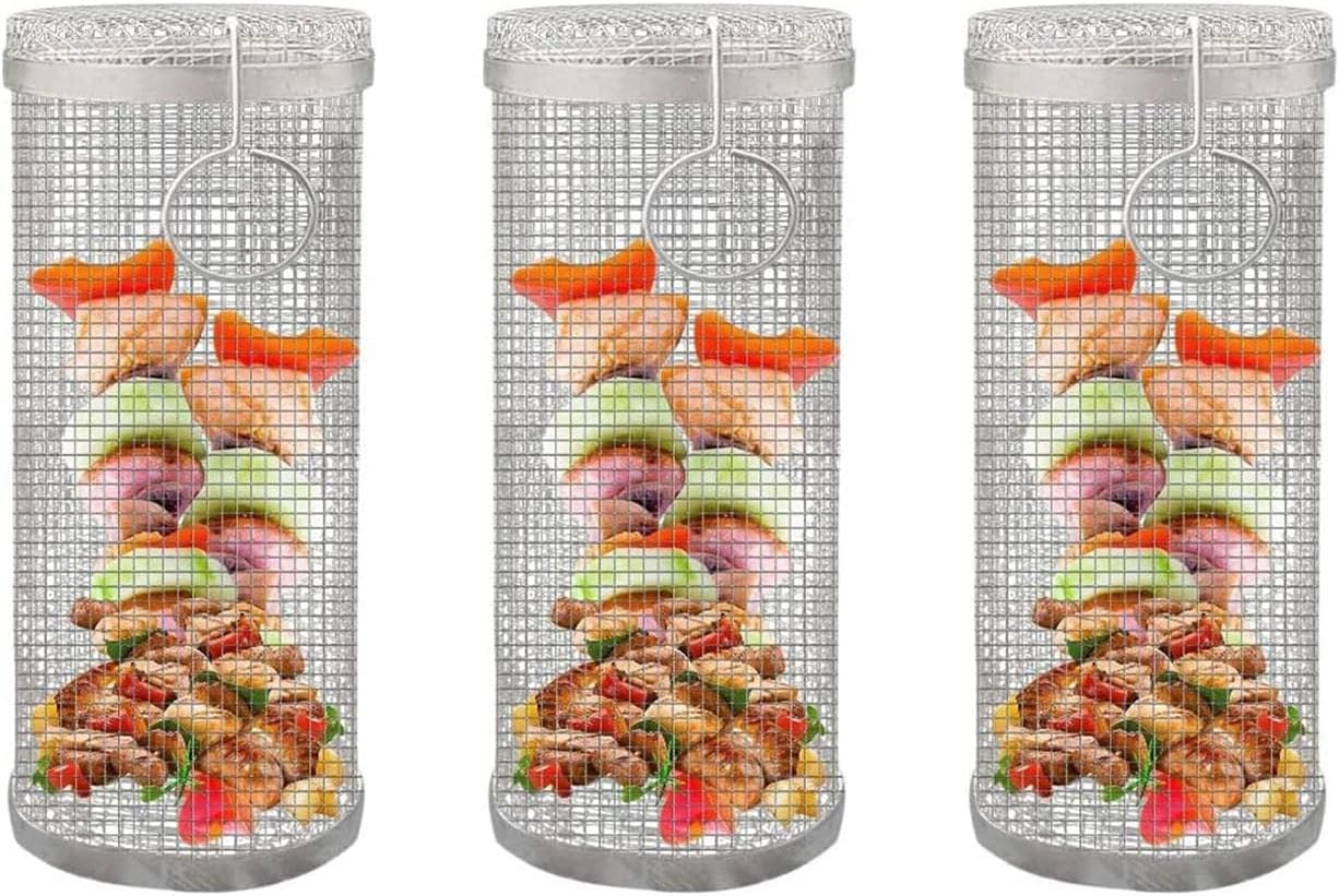 Stainless Steel Rolling Grill Basket - BBQ Accessories Mesh Rack, 2PCS (3pcs) Cylinder Grilling Basket for Outdoor Cooking & BBQ, Perfect for Vegetables & Meats