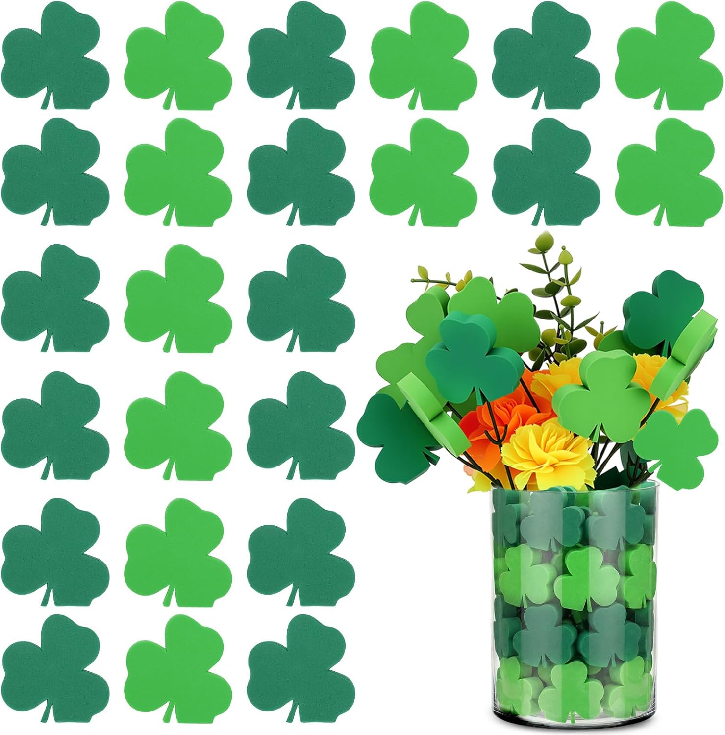 Pinkunn 36 Pcs St. Patrick's Day Vase Fillers, Green Irish Foam Shamrocks Ornament Table Scatter St. Patrick's Day Picks Lucky Clover Sponge Vase Toppers for Party Decoration Home Centerpiece