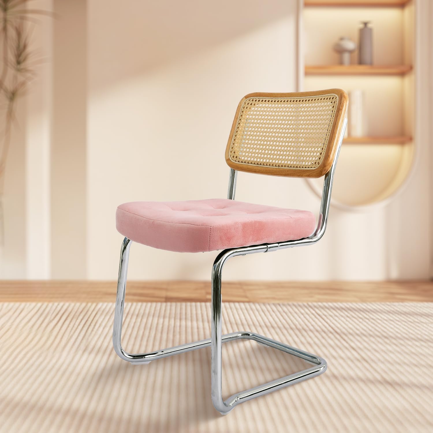 Rattan Dining Chair Set of 2,Modern Accent Chair,2 PCS Velvet Upholstered Armless Mesh Back Cane Chairs with Metal Chrome Base for Home,Kitchen,Dining Room,Waiting Room,Pink