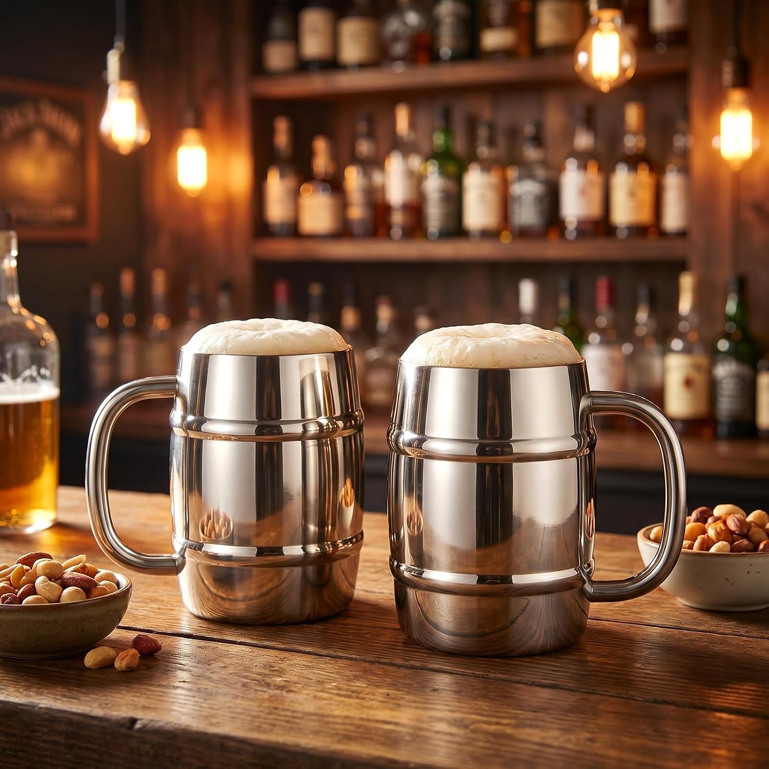 MAQUITA 4 Pack Stainless Steel Barrel Mugs, 15 OZ Double Walled Beer Stein with Handle, Metal Drinking Cup for Hot or Cold Beverages, Insulated Coffee Tea Camping Travel Tumblers, Silver