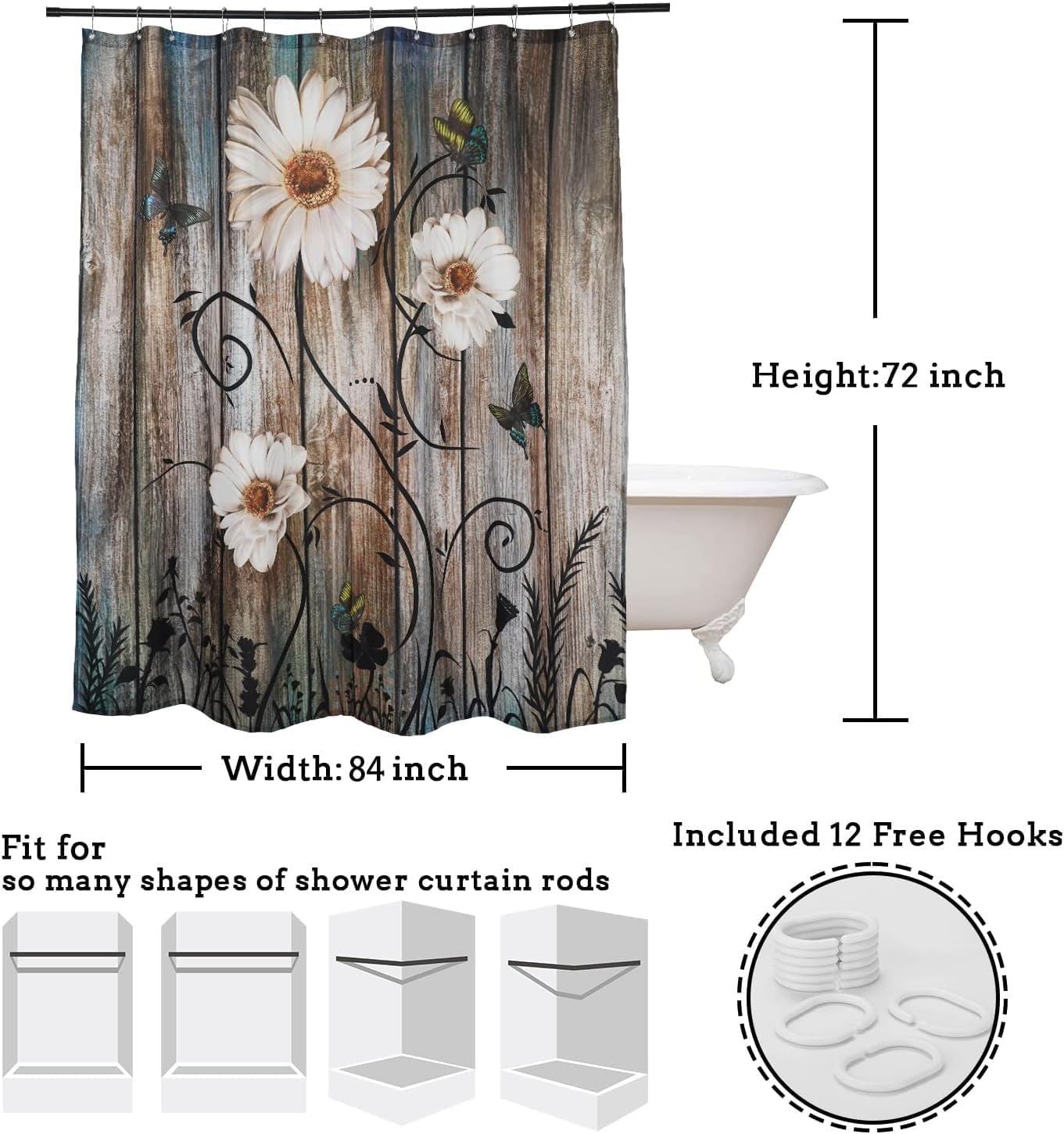 Miffrank Rustic Shower Curtain Set Grey Floral Fabric Bath Curtain 12 Hooks Butterfly Daisy American Country Farm Style 84W×72 L Inches
