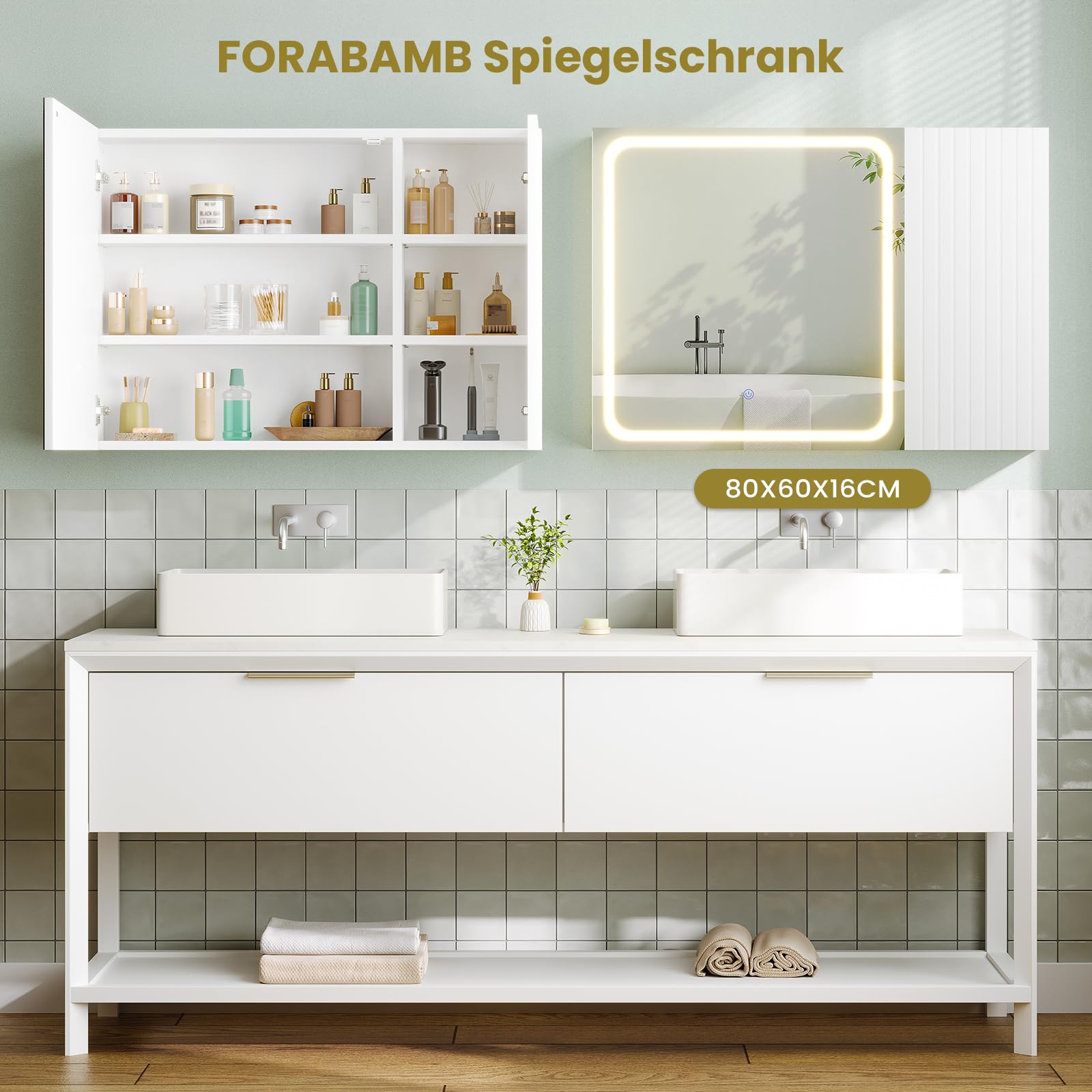 Armoire Murale Salle de Bain avec Éclairage LED et Miroir HD, Armoire de Toilette avec Étagères Réglables, 3 Températures + Intensité Réglable, Meuble de Salle de Bain, Blanc 16 x 60 x 80 cm