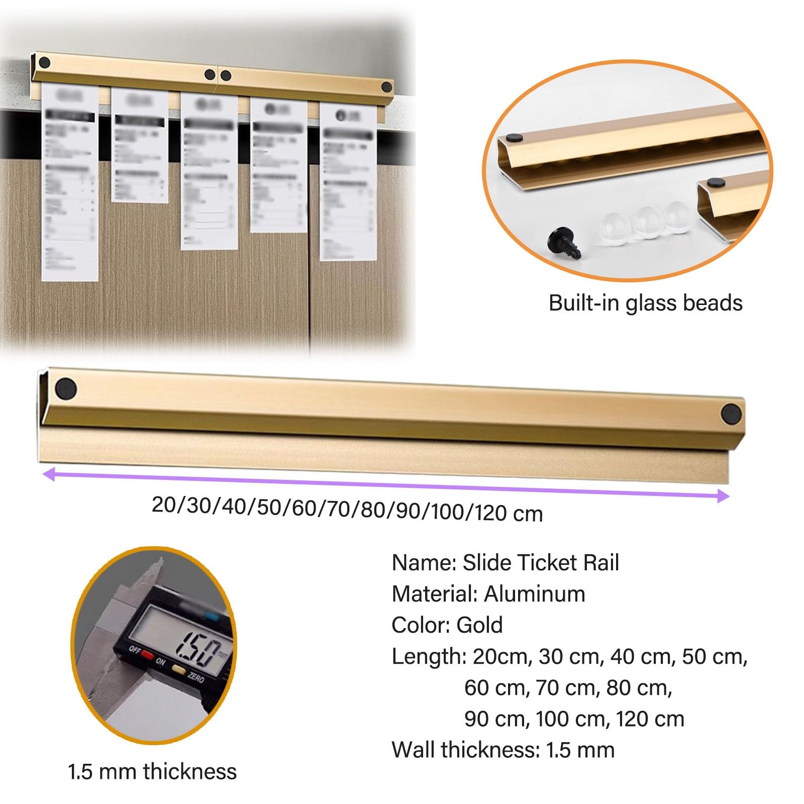 Set da 3 pezzi di grabber da cucina – striscia porta ricevute in alluminio (30 cm, 50 cm, 80 cm) per ristoranti, bar, pizzerie, binari organizer per biglietti (lunghezza 80 cm)