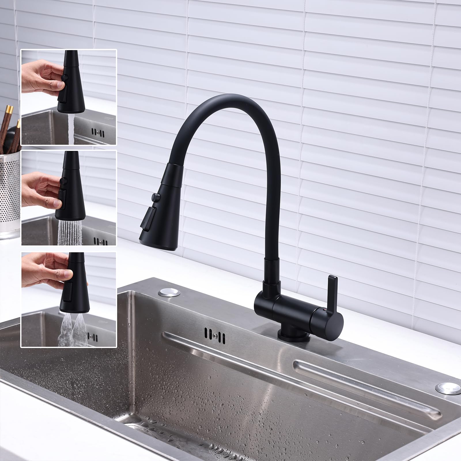 Grifo Abatible Grifo Cocina Flexible Negro Grifo Cocina Abatible Bajo Ventana Grifo Monomando Cocina, Mezclador de Fregadero con Caño Flexible Negro