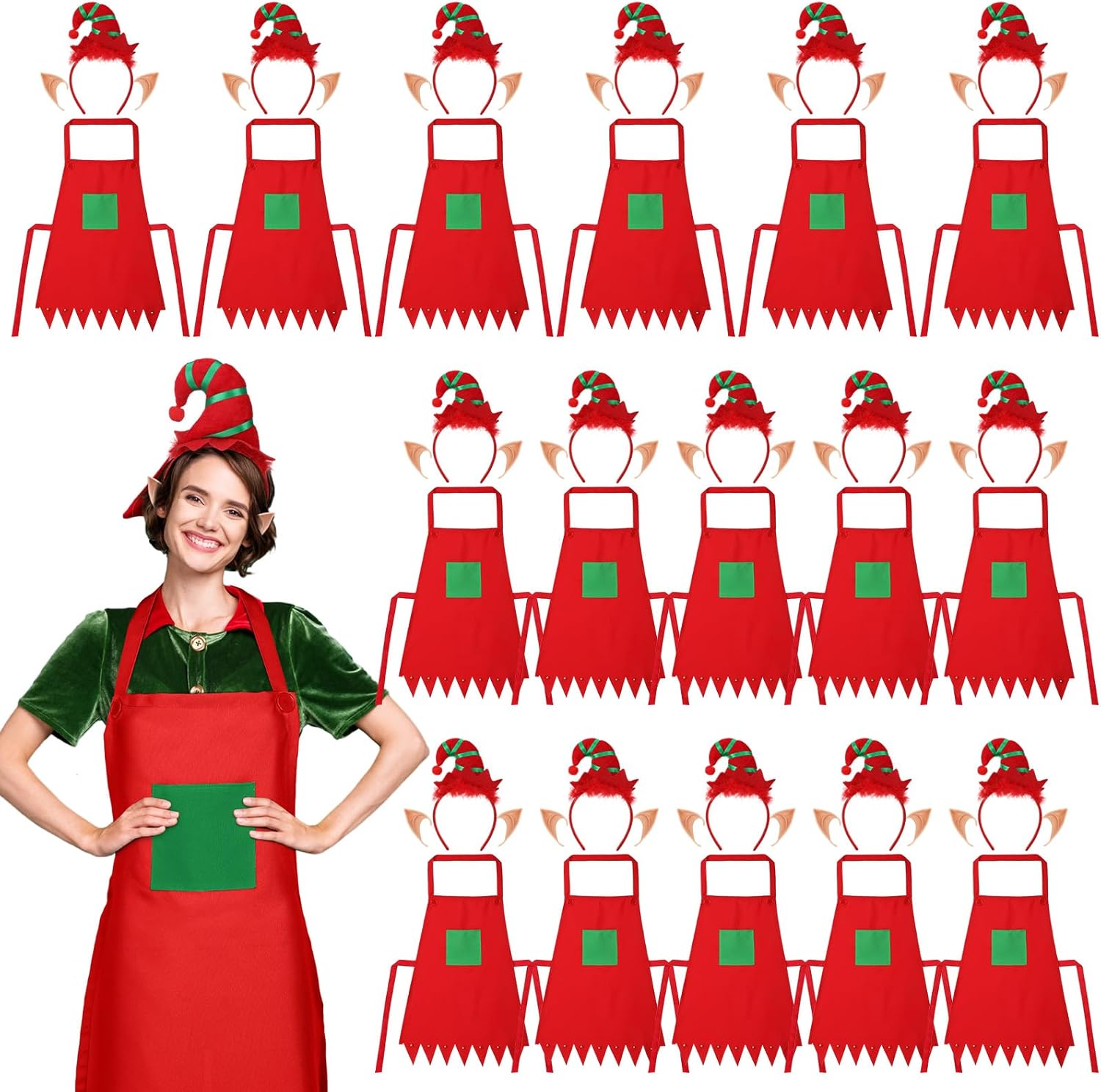 ramede 48 Pcs Christmas Elf Apron and Headbands Set Adults Elf Apron Ears Elves Headband Elf Kits for Xmas Costume(Red)