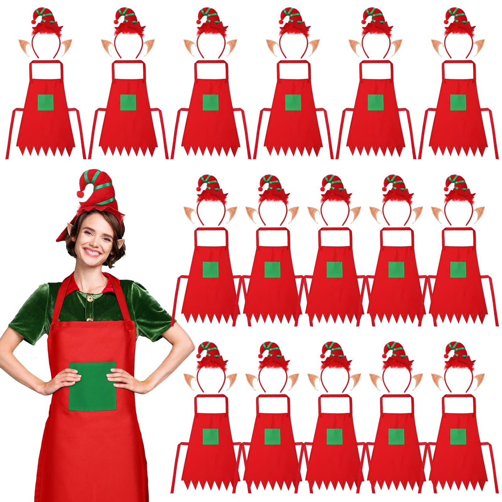 ramede 48 Pcs Christmas Elf Apron and Headbands Set Adults Elf Apron Ears Elves Headband Elf Kits for Xmas Costume(Red)