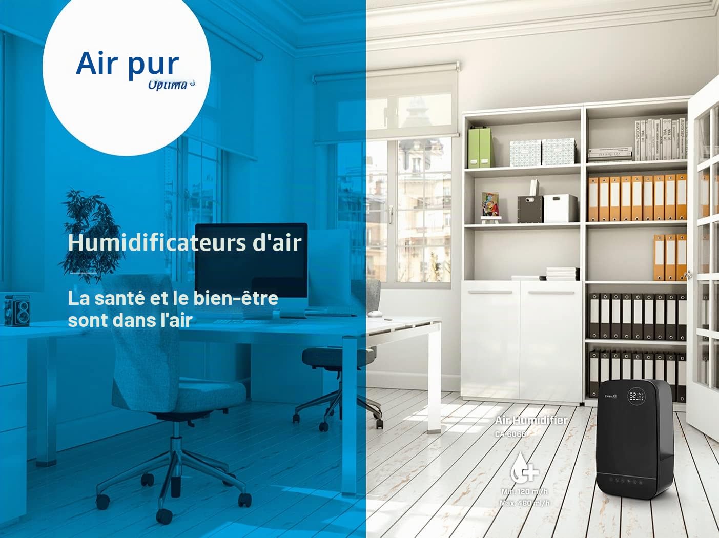 Clean Air Optima CA-606 Humidificateur avec ioniseur et aromathérapie - Humidificateur d'air max. 480 ml/h - Capacité du réservoir d'eau de 5,5 litres - Convient pour des pièces jusqu'à 65 m²/160 m³