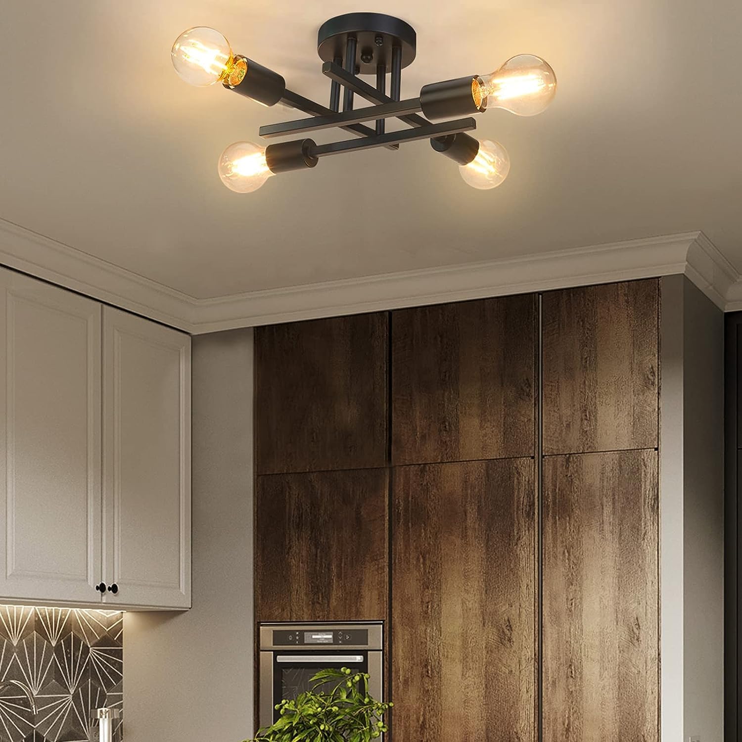Licperron Vintage Semi Flush Mount 4 Light Ceiling Light with E27 Base Modern Black Chandelier for Farmhouse Kitchen Bedroom