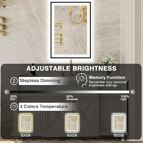 Miniatura 4 de Espejos de baño LED de 20 x 28 pulgadas para pared, marco de aluminio negro (frontal y retroiluminado), espejo de tocador antivaho con luces, espejo