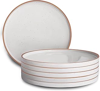 Ceramic Flat Dinner Plates Set of 6, 10.5 in High Edge Dish Set - Microwave, Oven, and Dishwasher Safe, Scratch Resistant, Modern Dinnerware- Kitchen Porcelain Serving Dishes - Vanilla White