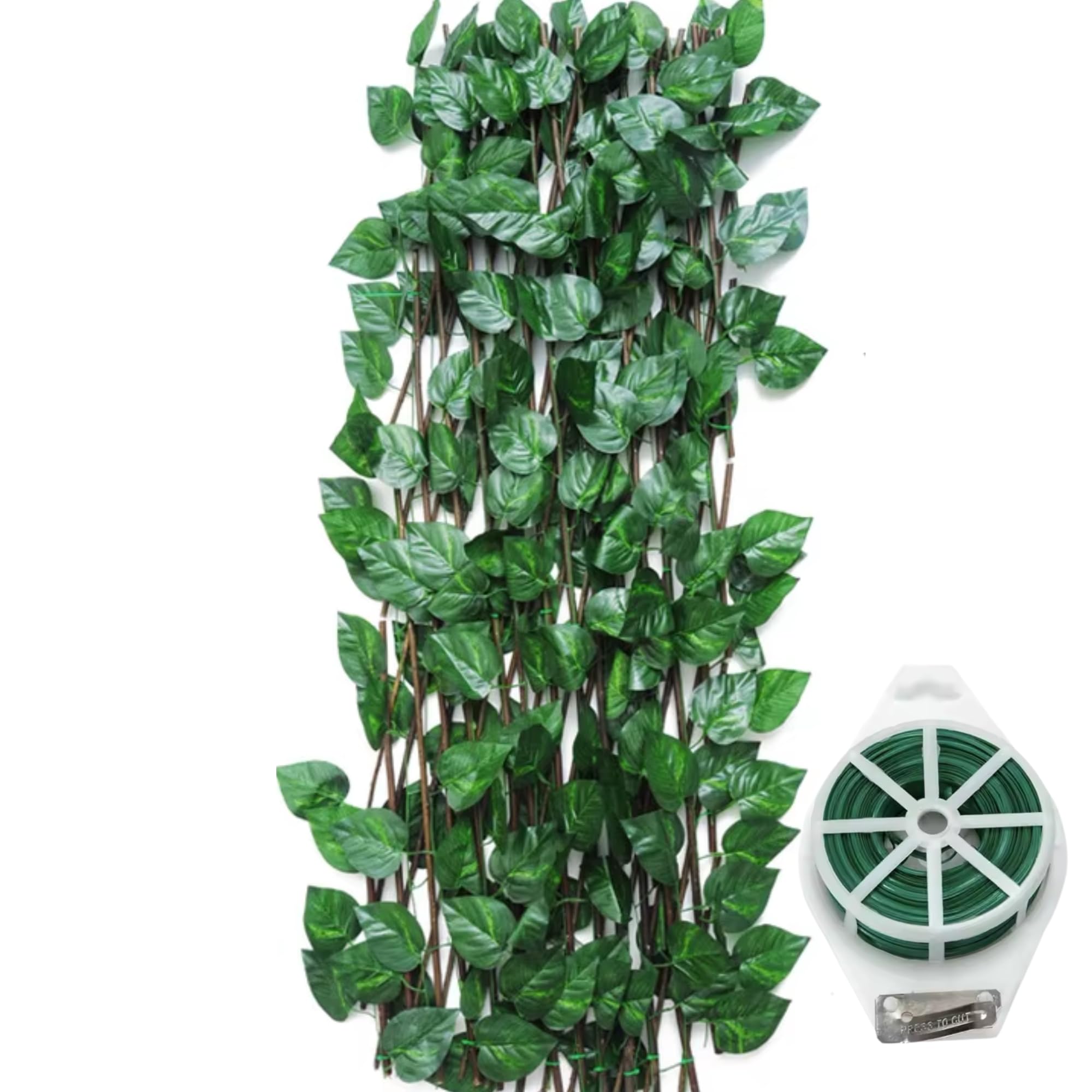 Celosia Extensible Madera Natural con Hojas Inspiración Potos - abre hasta 3m x 60cm – Decorativa, Resistente y Versátil – Para Jardín, Balcón y Terrazas Incluye 15m de Alambre Plastificado