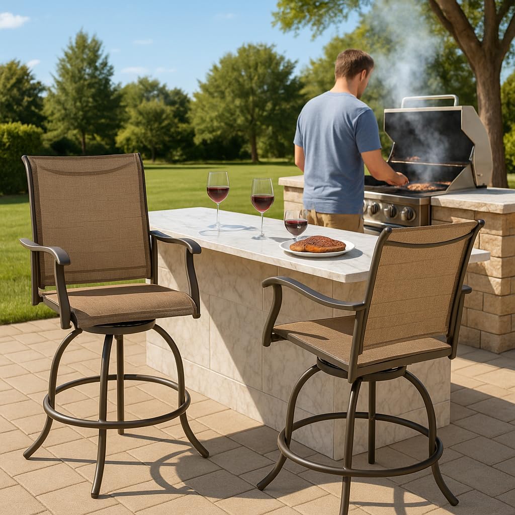 Kozyard Isabella Outdoor Swivel Bar Stools, Counter Height Patio Swivel Chairs with Textilene Seat, High Outdoor Bar Chairs for Backyard, Bistro, and Patio Bars Beige