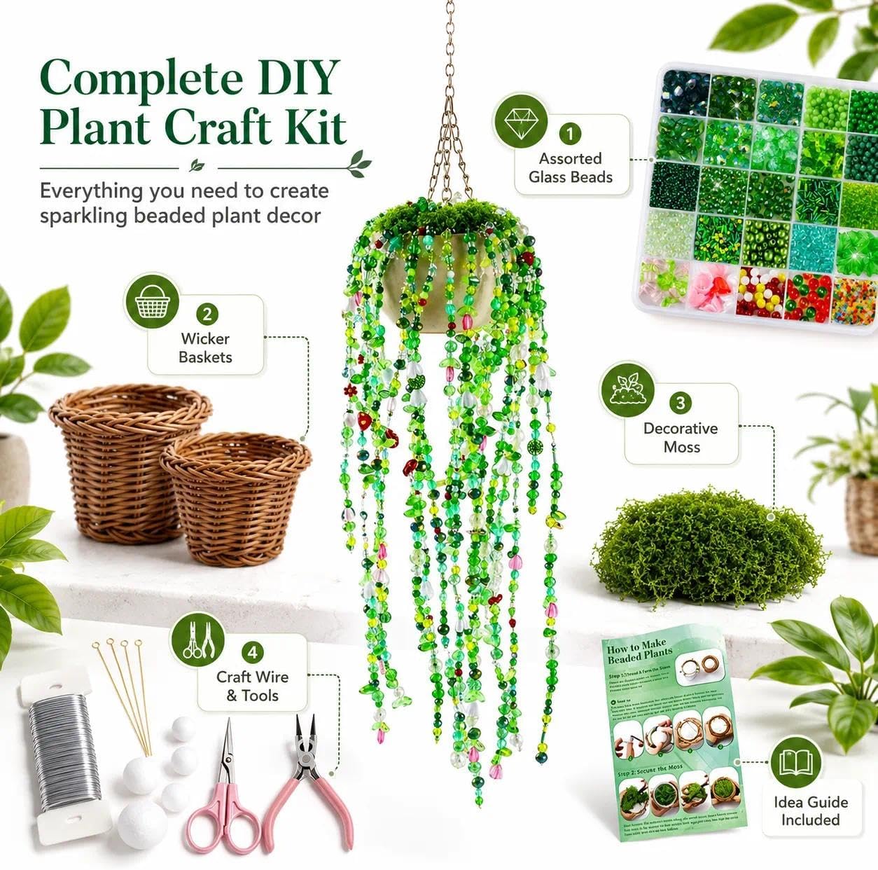 DUARIHA Green Glass Beaded Plant Kit, Succulent-Style Beaded Leaf Flower DIY Craft Kit, Botanical Glass Beads for Jewelry Making, Handmade Ornaments, Desk Decor and Creative Gifts
