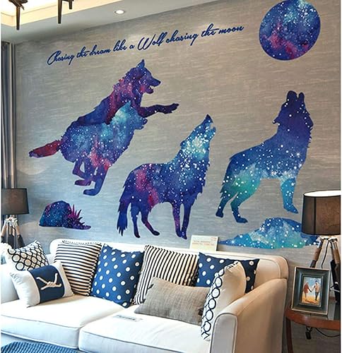 Miniatura 5 de SENGTER Paquete de 2 calcomanías de pared 3D extraíbles, cielo estrellado, lobo y luna, estrellas, papel tapiz impermeable con nubes, decoración de
