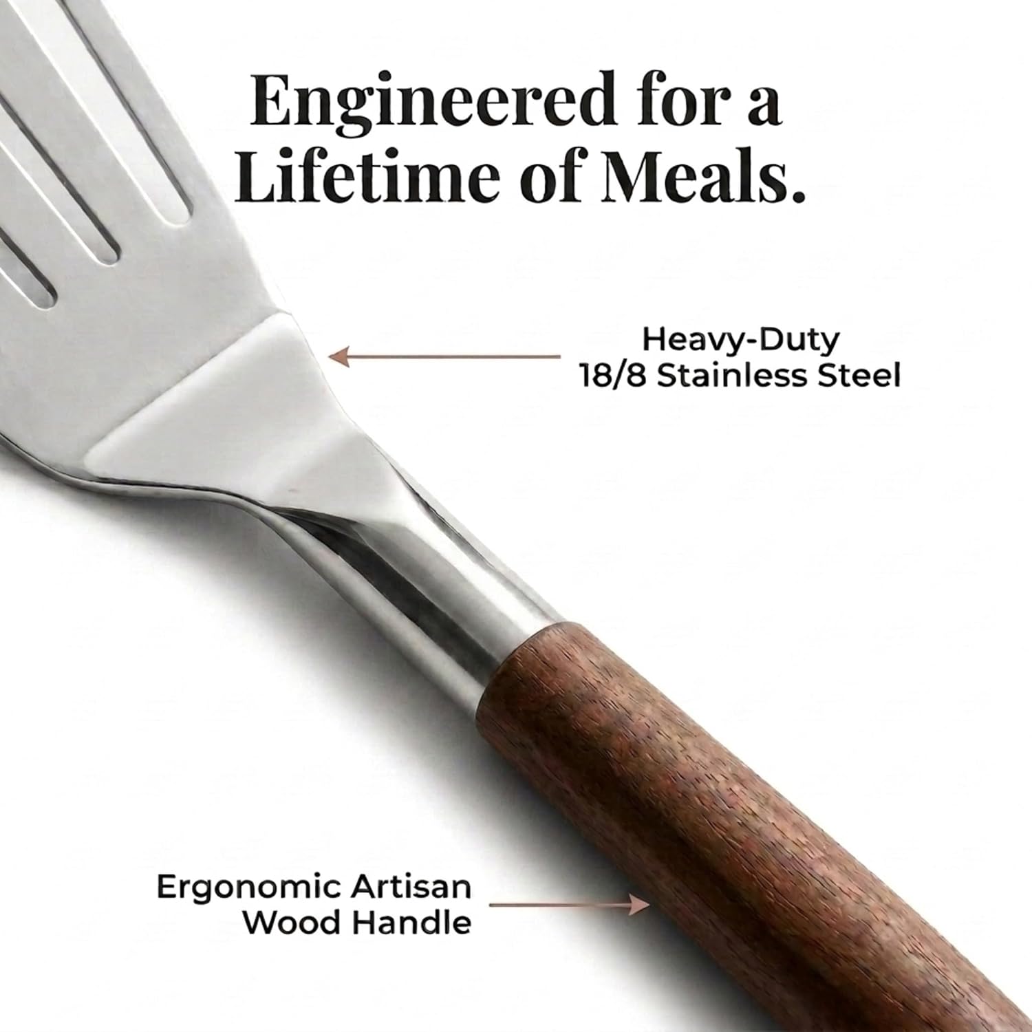 Salt & York Cooking Utensil Set, Stainless Steel Kitchen Tools with Handcrafted Walnut Wood Handles, 2 Spatulas, Ladle and Spoon, Unique Wood Grain, Ideal Wedding and Housewarming Gift, Set of 4 image 3