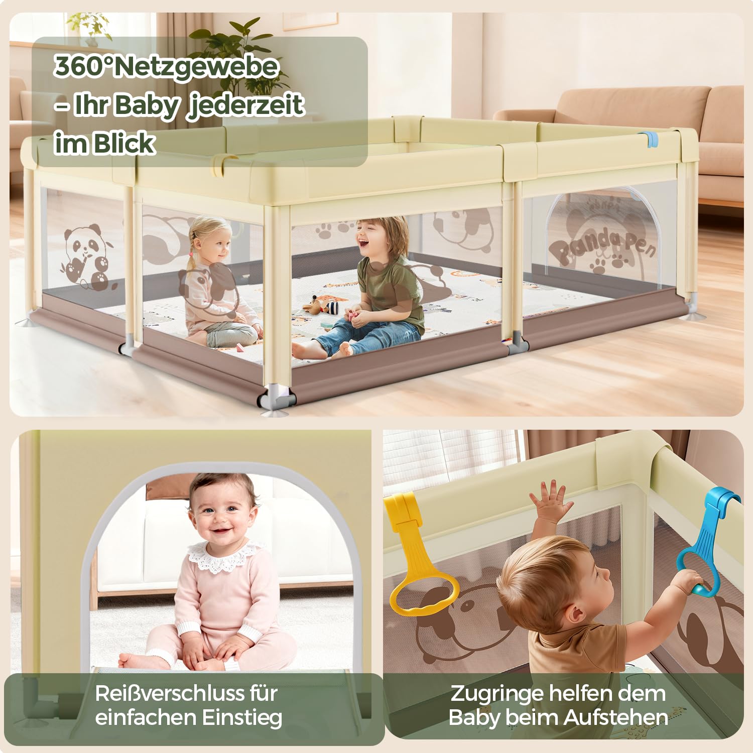Laufstall Baby 150x180cm mit Matratze, XL Laufgitter Baby mit Rutschfestem Boden & Atmungsaktivem Netz, 210D Oxford Gewebe, Stabiler & Sicherer Babyspielplatz, Playpen, 60 Bällen, 4 Griffe