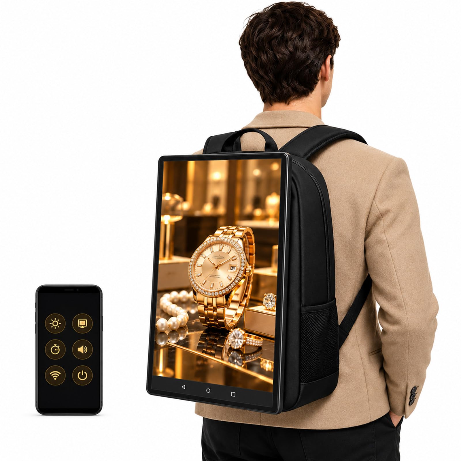 Mochila Publicitaria 21,5 Pulgadas, Wi-Fi CMS, Pantalla Dividida