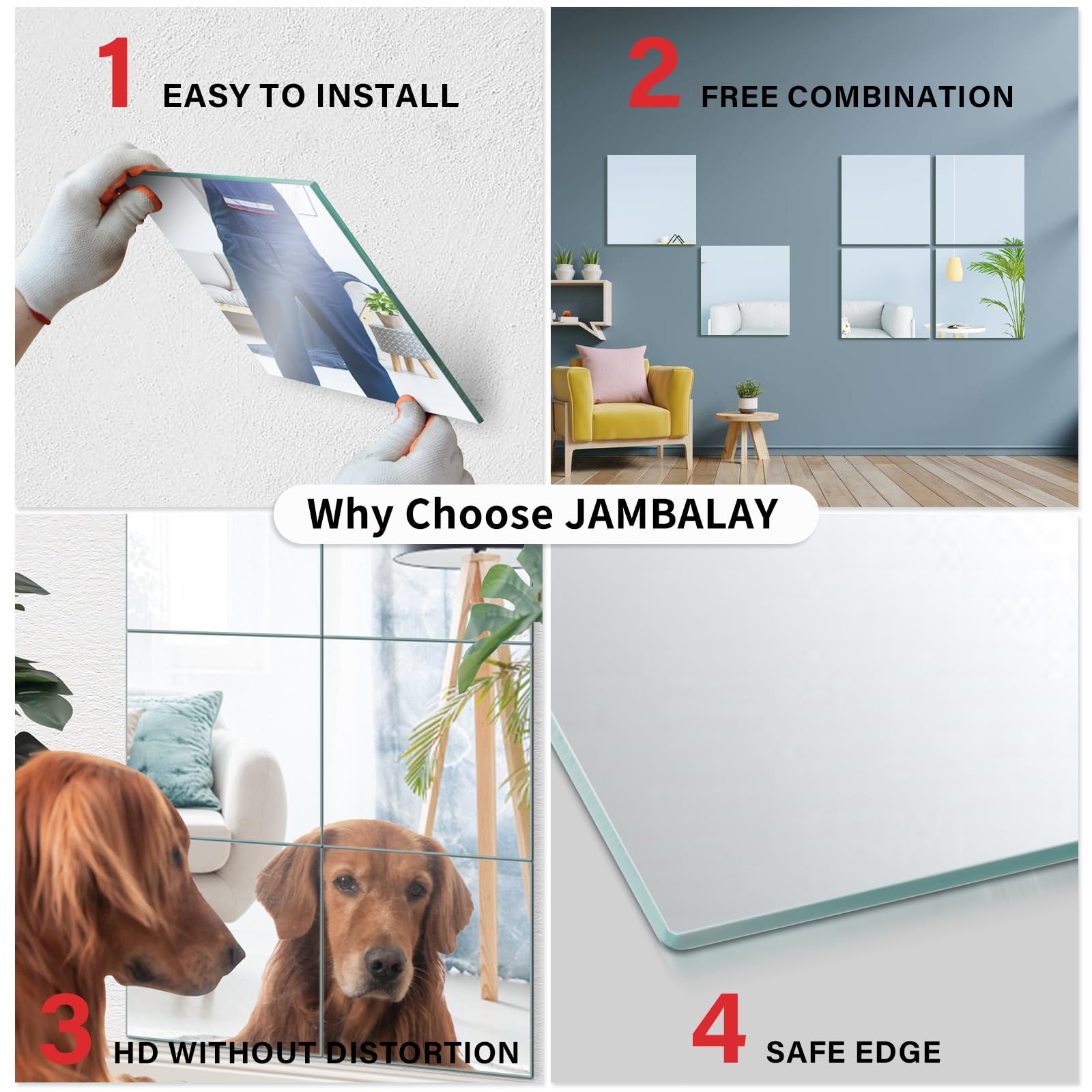 JAMBALAY Azulejos de espejo de pared de longitud completa, juego de 12 espejos de gimnasio en casa de 14 x 12 pulgadas, azulejos de espejo de vidrio HD, espejo de pared autoadhesivo sin marco para