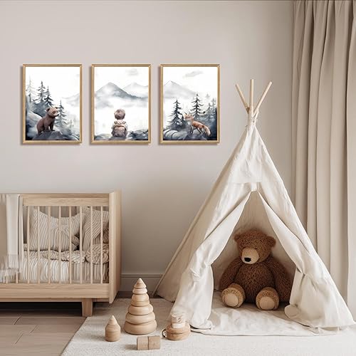 Miniatura 5 de Cyebmo Juego de 3 pinturas artísticas de pared para habitación del bebé, decoración de pared de aventura de niño caprichoso, bosque de montaña, oso