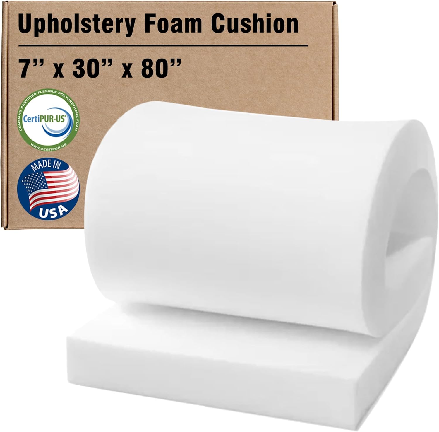 Isellfoam High Density Upholstery Foam 7 H x 30 W x 80 L (Firm) Density 46ILD, Upholstery Foam Cushion CertiPUR-US Certified Foam, Made in USA