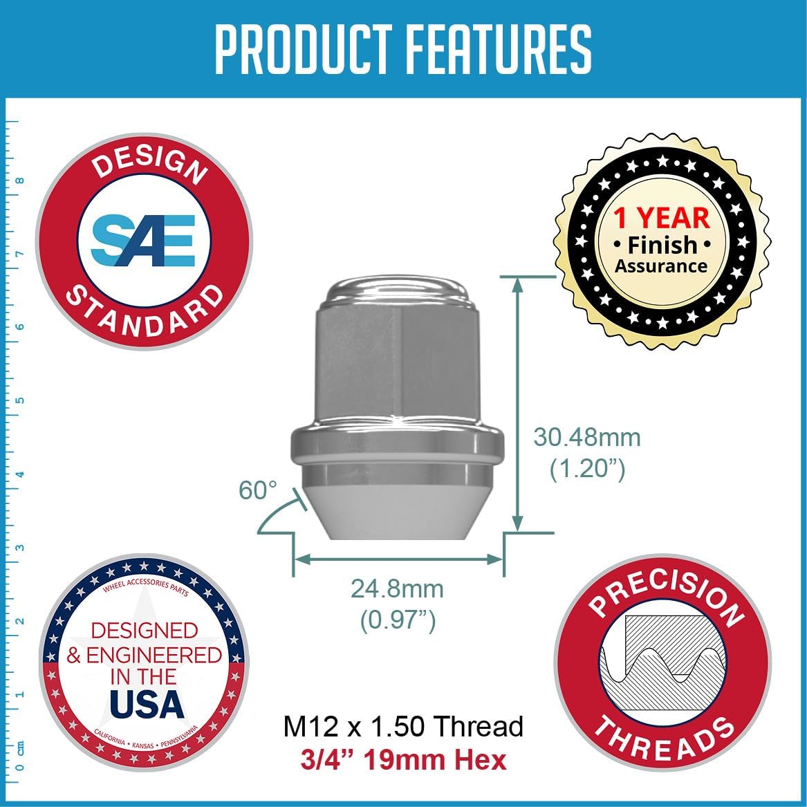 Wheel Accessories Parts 20 Pcs M12x1.5 12x1.5 Thread OEM Style Lug Nuts 1.2" Long Chrome 3/4" 19mm Hex Hex Fits Jeep Compass Patriot ｜ Chrysler Grand Caravan Pacifica 6509769AA ｜ 611-074