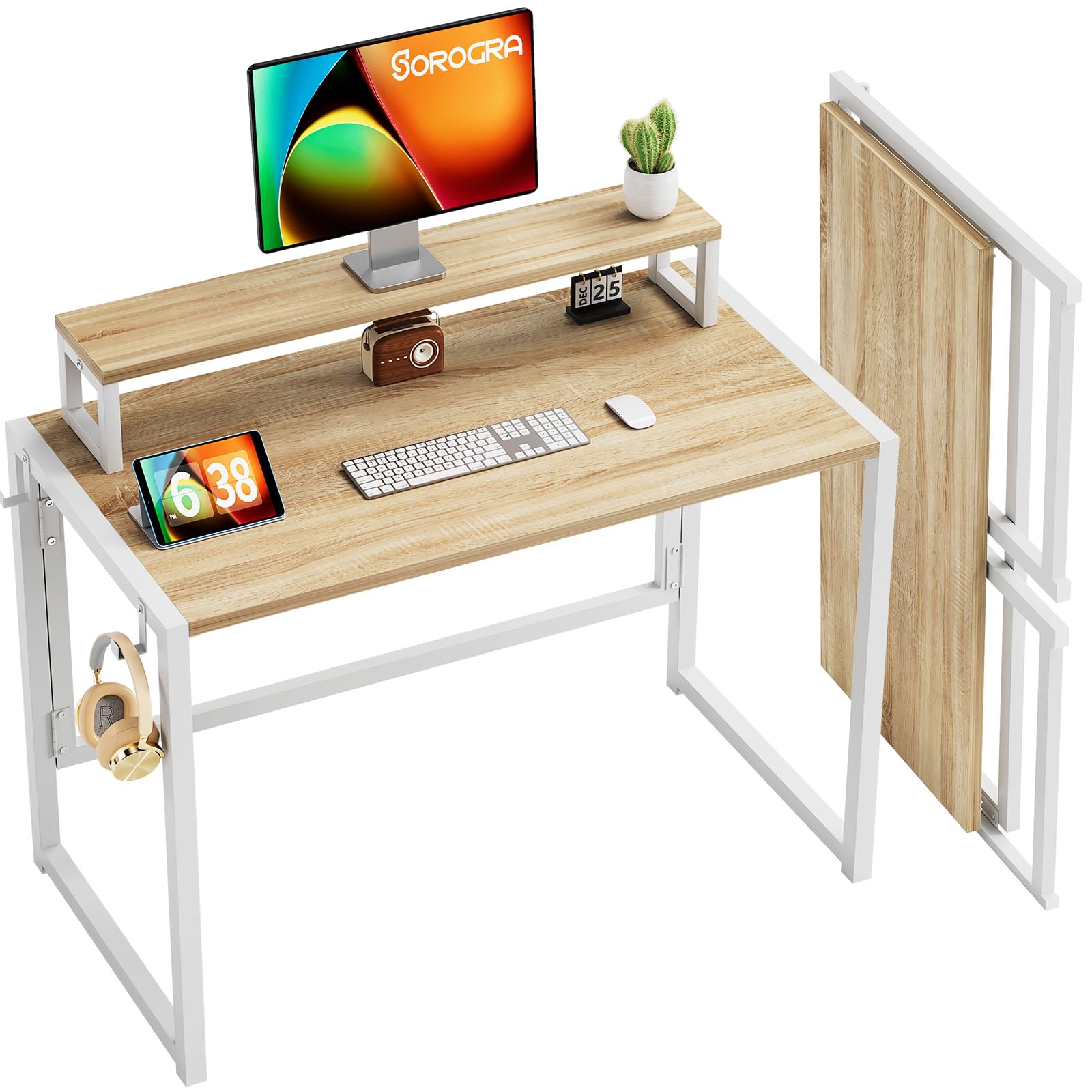 SOROGRA Escritorio Plegable con Soporte para Monitor, Mesa de Ordenador para Oficina en Casa y Estudio, Escritorio Pequeña de Montaje Fácil para Espacios Pequeños, Beige