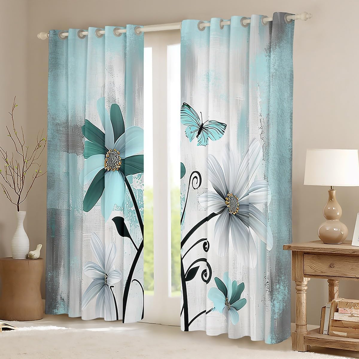 Feelyou Flower Curtains for Bedroom Living Room (2 Panels, 38 x 45 Inch) Kids Vintage Floral Blackout Curtains Boys Girls Butterfly Darkening Drapes Botanical Nature Theme Window Treatments