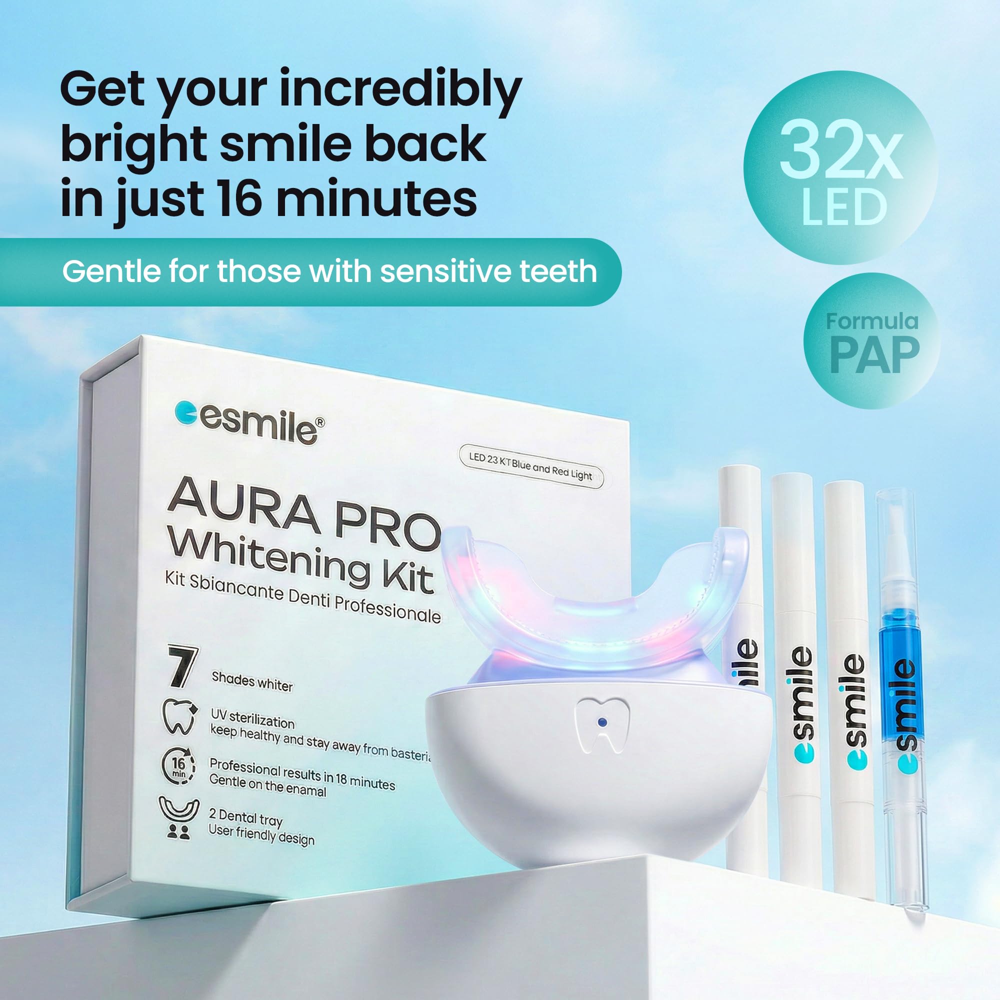 ESMILE AURA PRO profesjonalny zestaw do wybielania zębów 32X LED - lampa z 2 ustnikami i sterlizacją UV - domowe wybielanie zębów w ciągu 16 minut